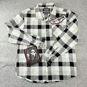 Ghost Face Icon of Halloween Plaid Flannel Shirt Men's L Black White Scary Movie
